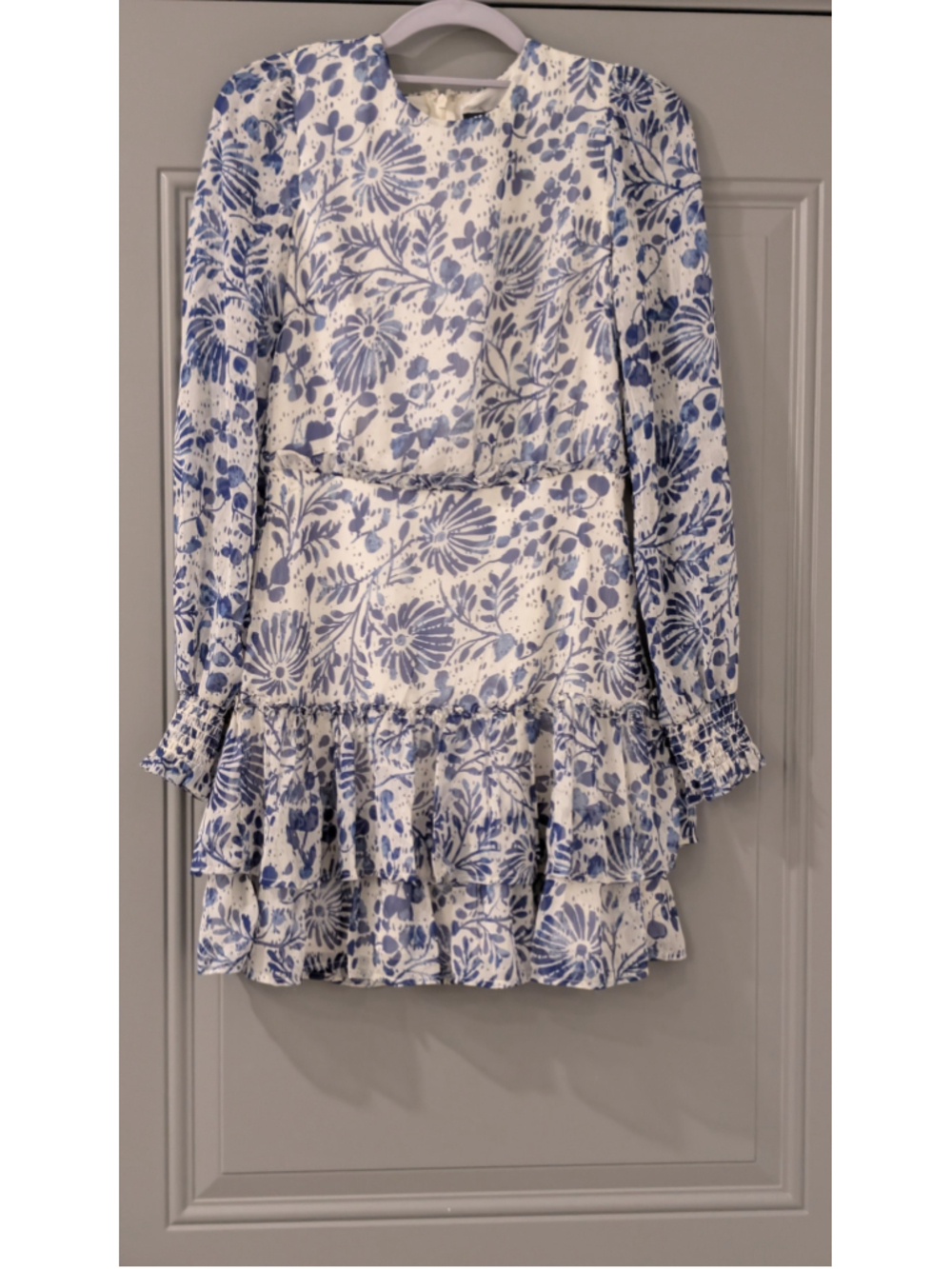Women's Aqua Mini Dress, Blue and White Floral Print, Long Sleeve